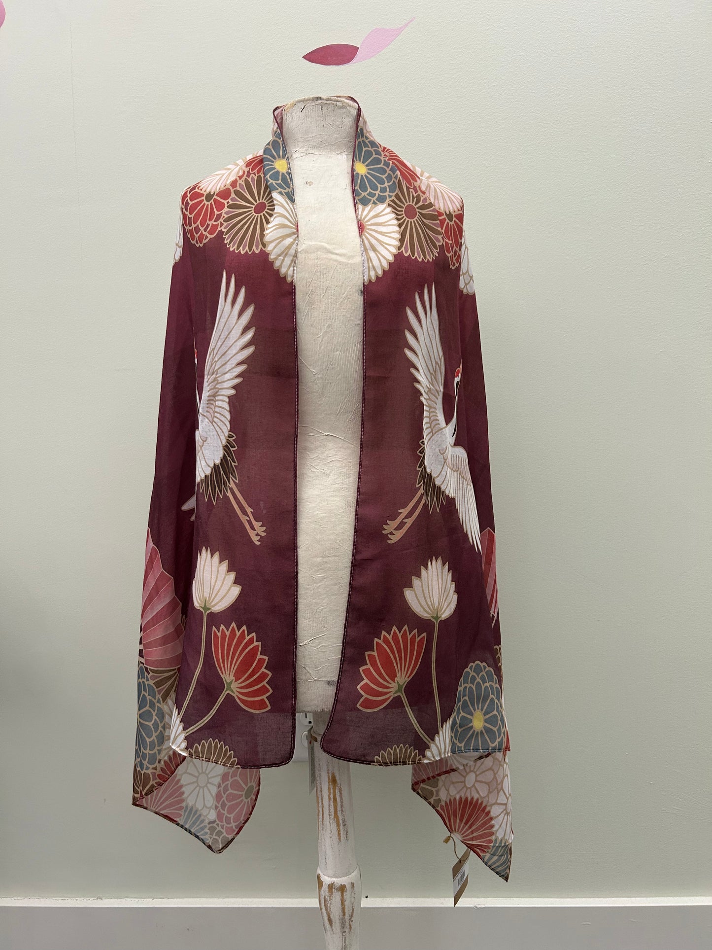 Burgundy-Multi Crane & Floral Scarf