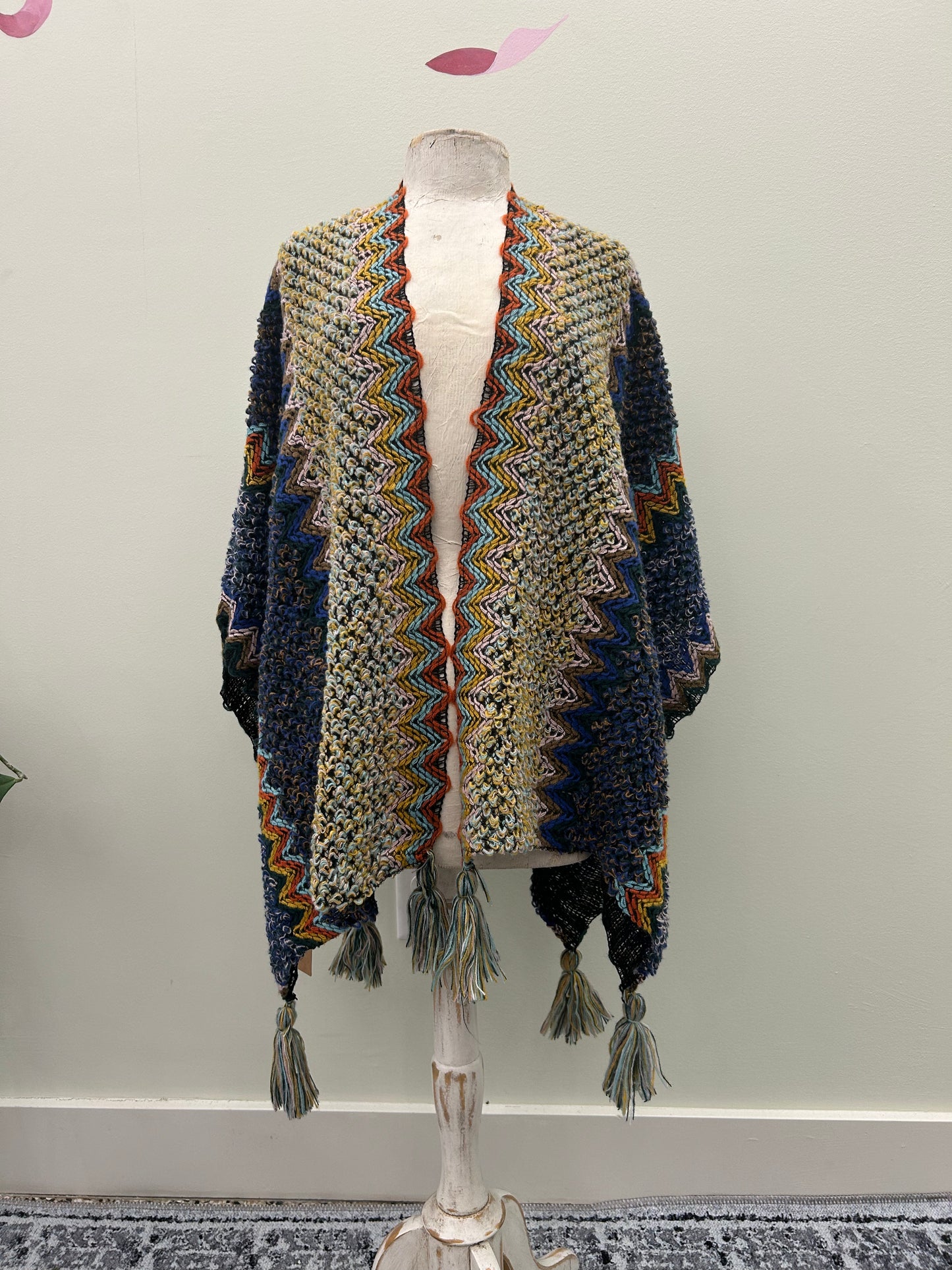 Colorful Crochet Patterned Ruana Poncho with Tassels