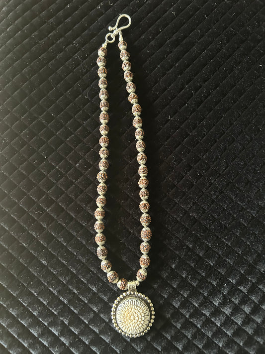 Hand Carved Sun w/ Mala Beads Necklace