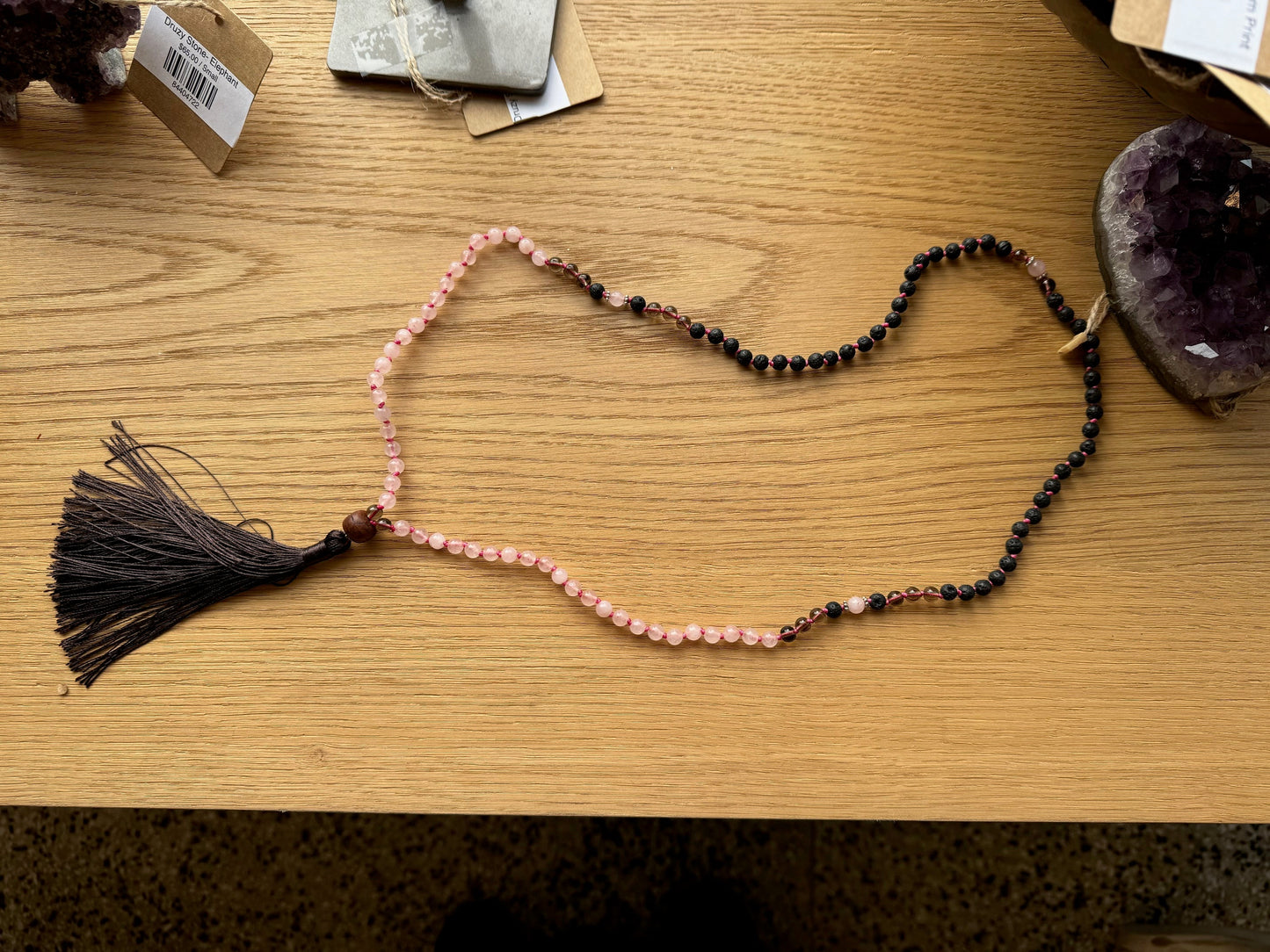 Mala Necklace Rose Quartz Lava Tassel