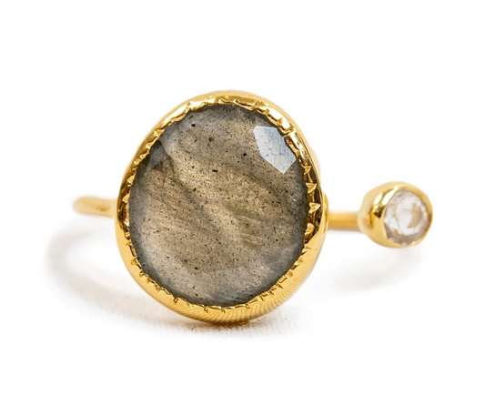Oval Labradorite Ring with Small Moonstone - Gold Plated
