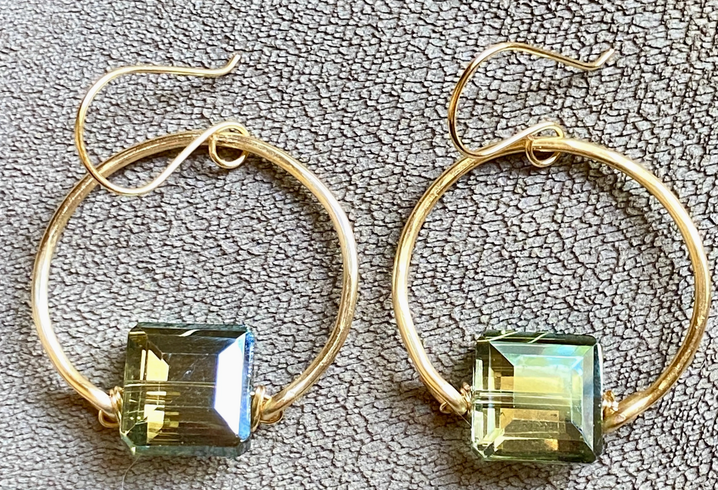 Gold Earrings Green Crystal Hammered Hoop Crescent Earrings