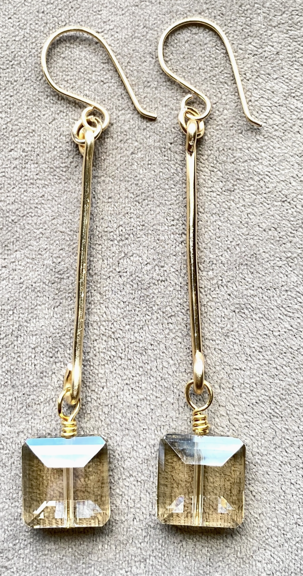 Gold Earrings Hammered Bar and Crystal Drop Dangle