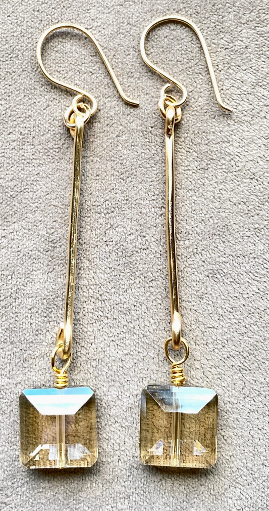 Gold Earrings Hammered Bar and Crystal Drop Dangle