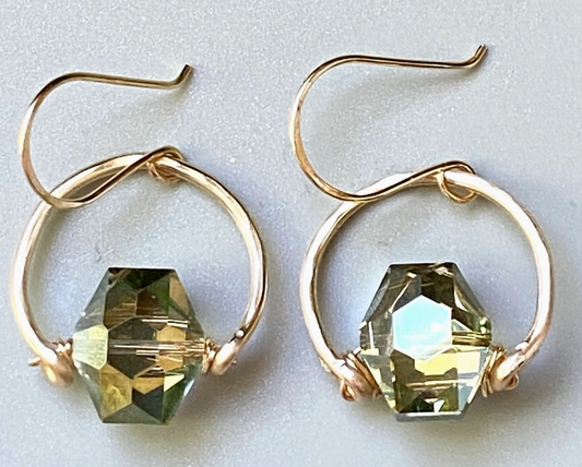 Hammered Gold Hoop and Hexagon Crystal Drop Earrings