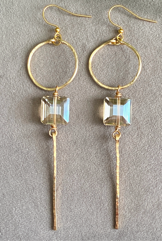 Silver Hammered Hoops and Bar Square Crystal Earrings