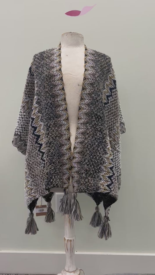 Colorful Crochet Patterned Ruana Poncho with Tassels