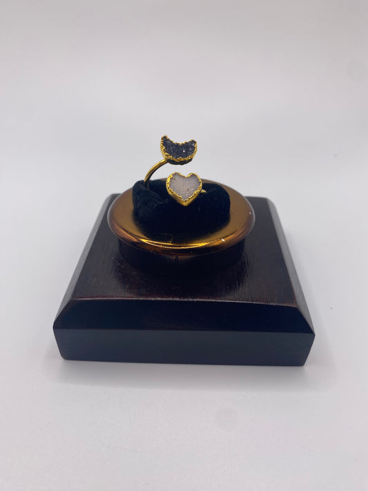 Gold Druzy Spiral Moon & Heart Ring