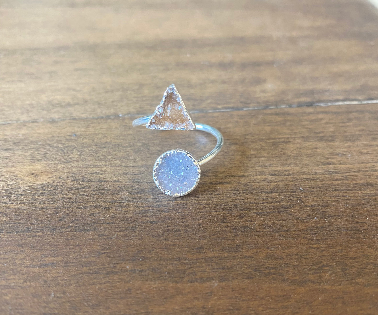 Silver Druzy Spiral Circle & Triangle Ring