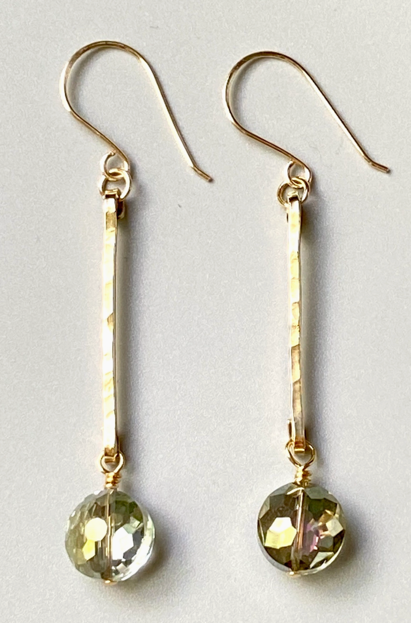 Gold Earrings Hammered Bar and Green Crystal Drop Dangle
