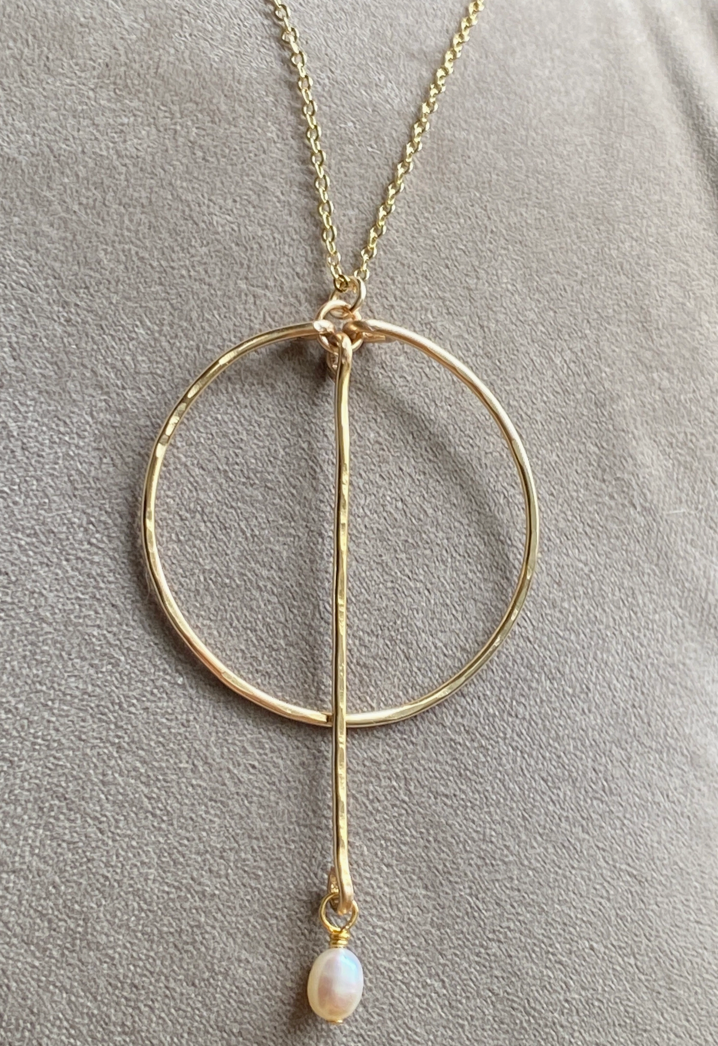 Gold Hoop Necklace Freshwater Pearl Bar Hammered