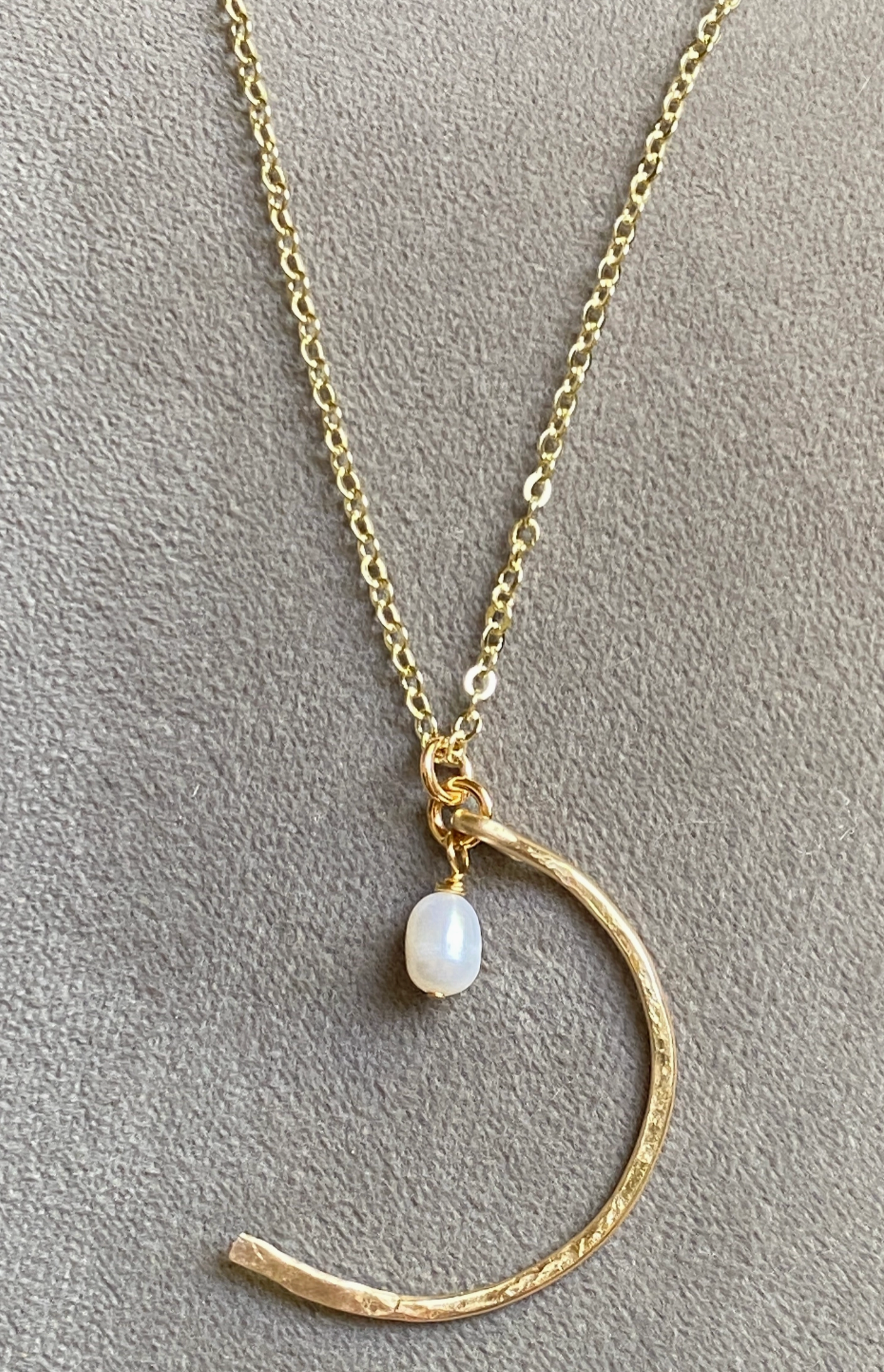 Gold Hammered Crescent and Pearl Necklace