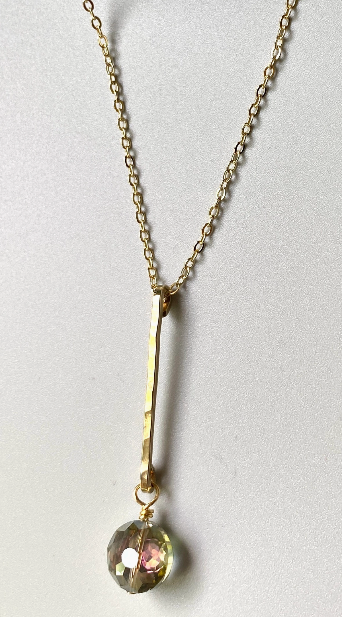 Gold Bar Round Green Faceted Crystal Pendant Necklace Chain