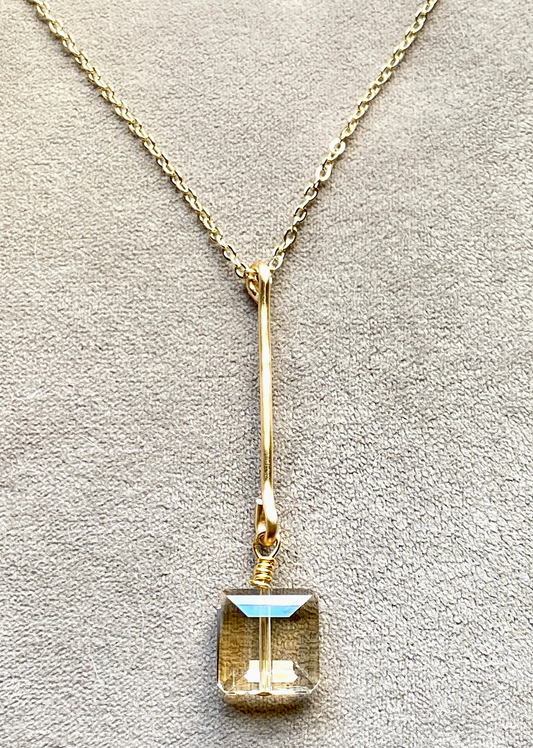 Gold Bar Crystal Pendant Hammered Necklace Chain