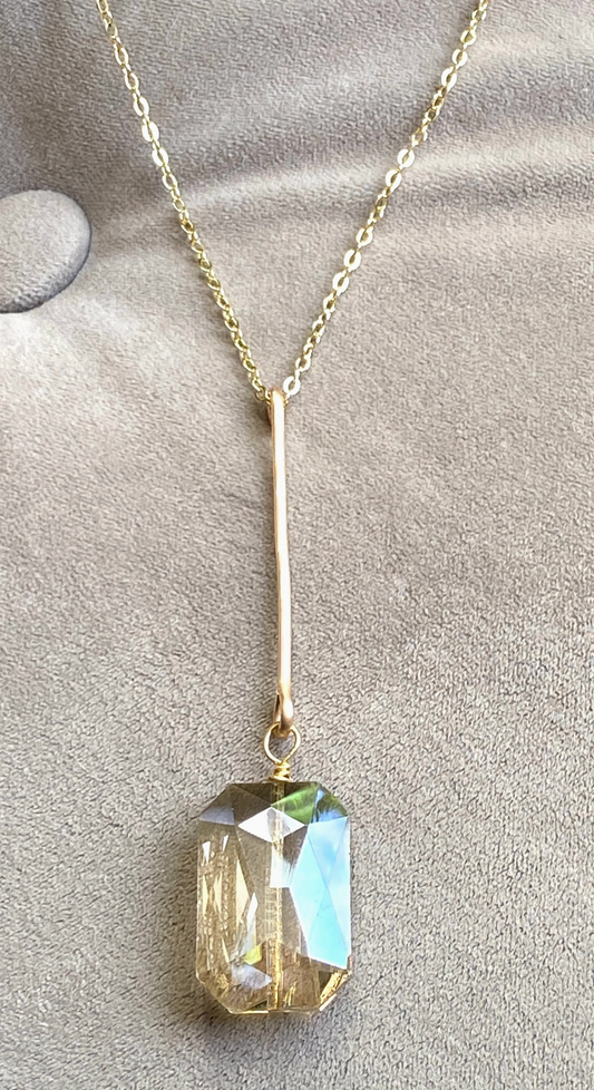 Gold Bar Large Crystal Pendant Necklace Chain Drop Hammered