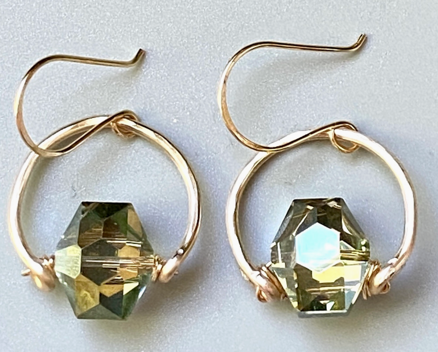 Hammered Gold Hoop and Hexagon Crystal Drop Earrings