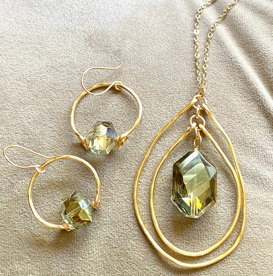 Gold Double Hoop Hammered Necklace Earrings Set