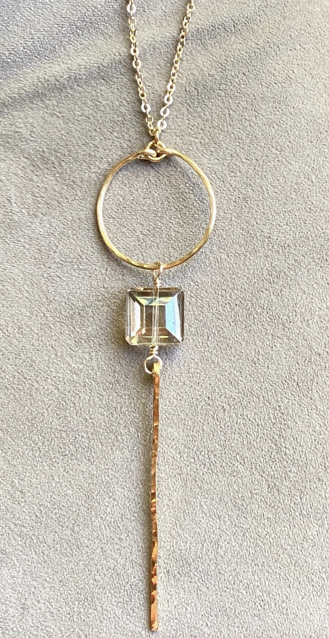 Silver Hammered Hoop and Bar Necklace with Crystal