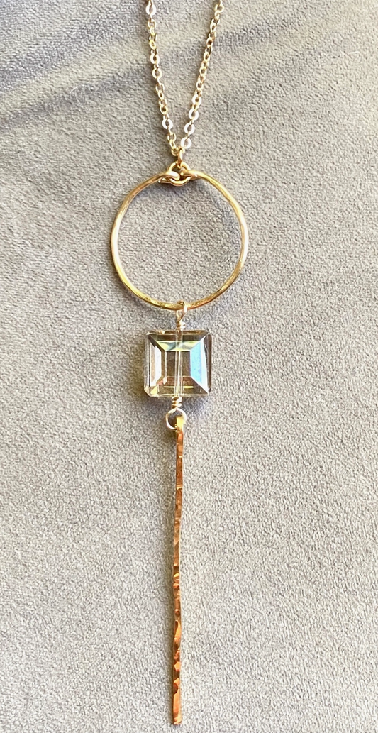 Silver Hammered Hoop and Bar Necklace with Crystal